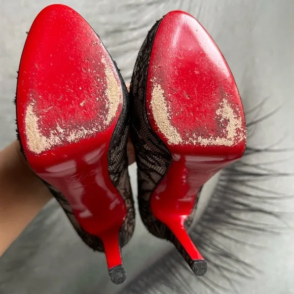 🌺CHRISTIAN LOUBOUTIN 👠 Pink Satin And Black Lace Platform Pump Size: 35.5 - Picture 12 of 13